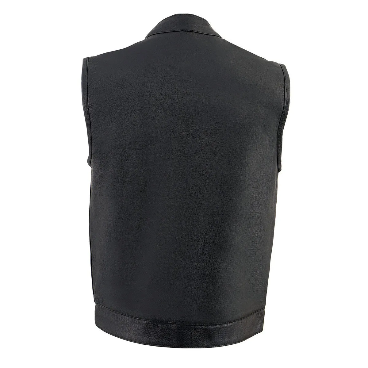 BLACK MLM3510 Men's Black Naked Leather Club Style Vest - Dual Closure Open Neck Motorcycle Rider Vest
