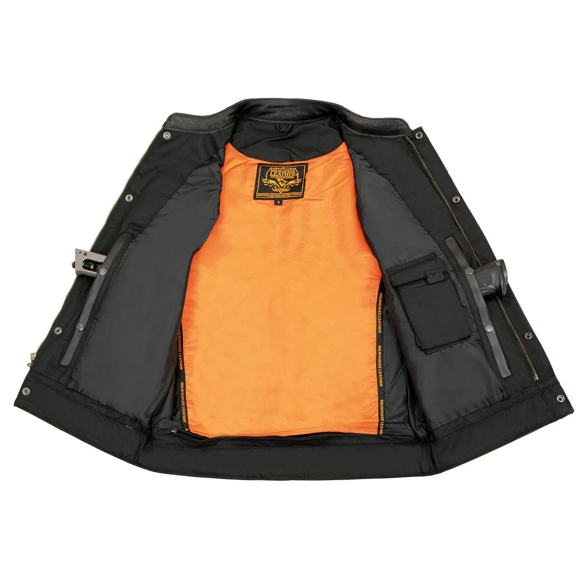 BLACK MLM3510 Men's Black Naked Leather Club Style Vest - Dual Closure Open Neck Motorcycle Rider Vest