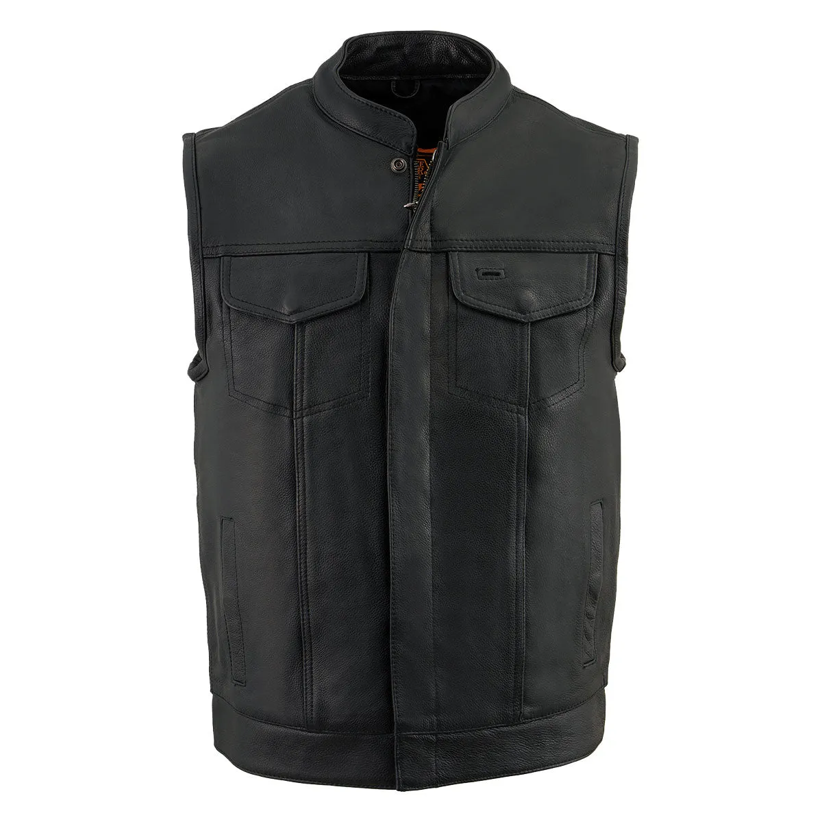 BLACK MLM3510 Men's Black Naked Leather Club Style Vest - Dual Closure Open Neck Motorcycle Rider Vest
