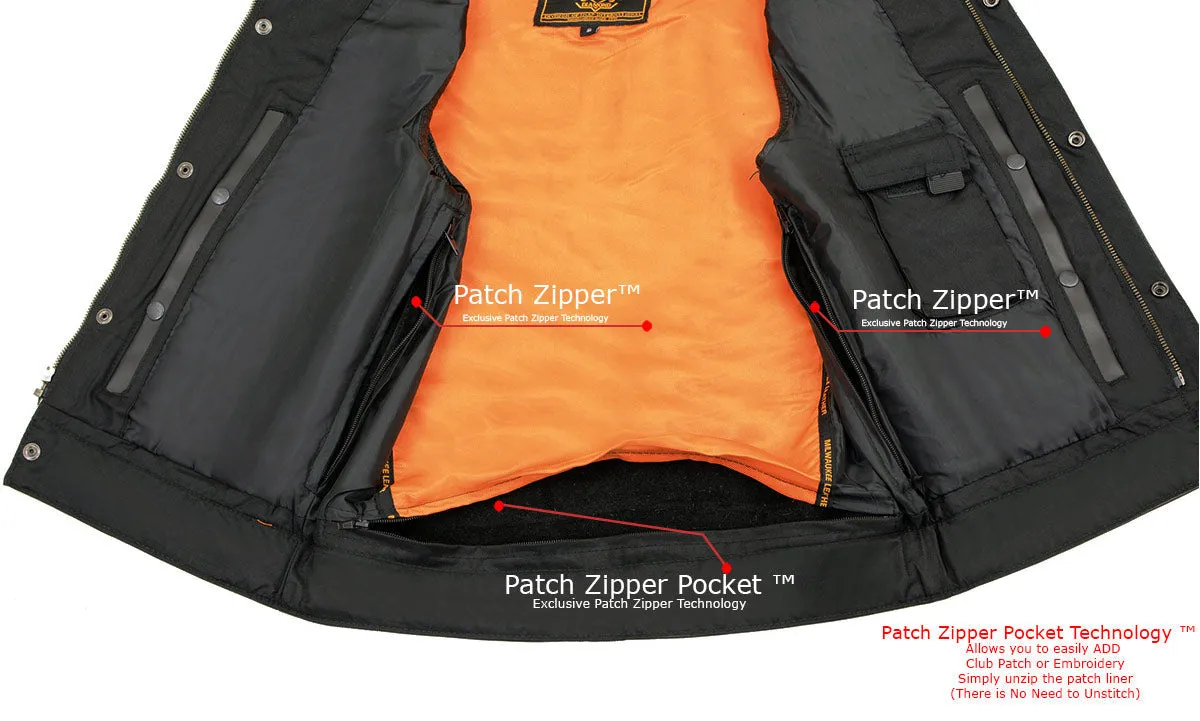 BLACK MLM3510 Men's Black Naked Leather Club Style Vest - Dual Closure Open Neck Motorcycle Rider Vest