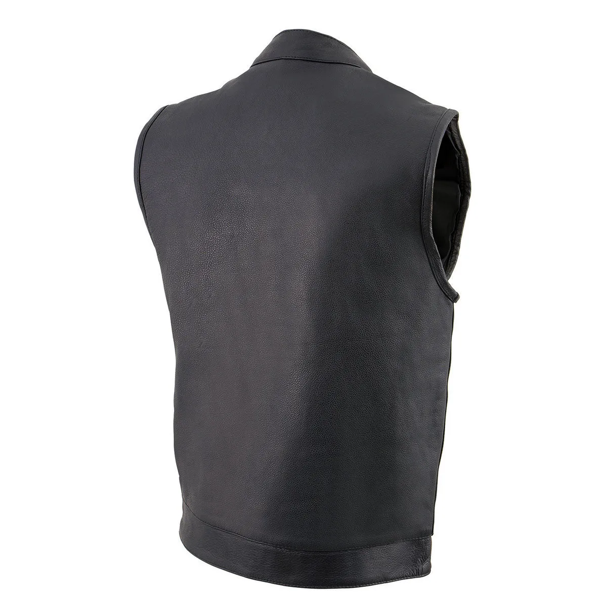 BLACK MLM3510 Men's Black Naked Leather Club Style Vest - Dual Closure Open Neck Motorcycle Rider Vest