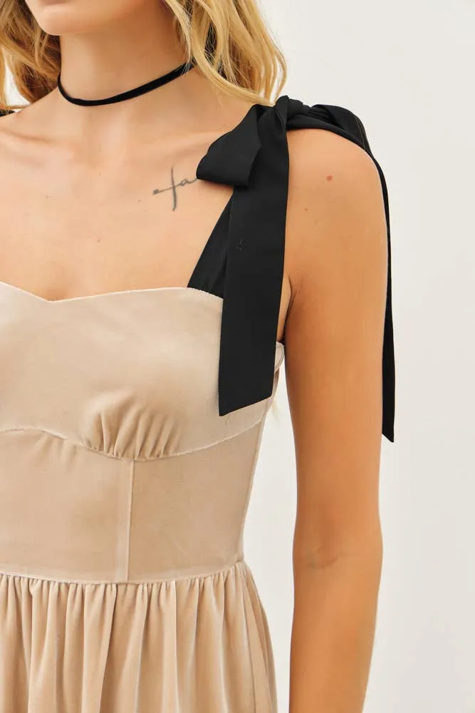 Champagne Velvet Mini Dress W/ Ribbon Strap