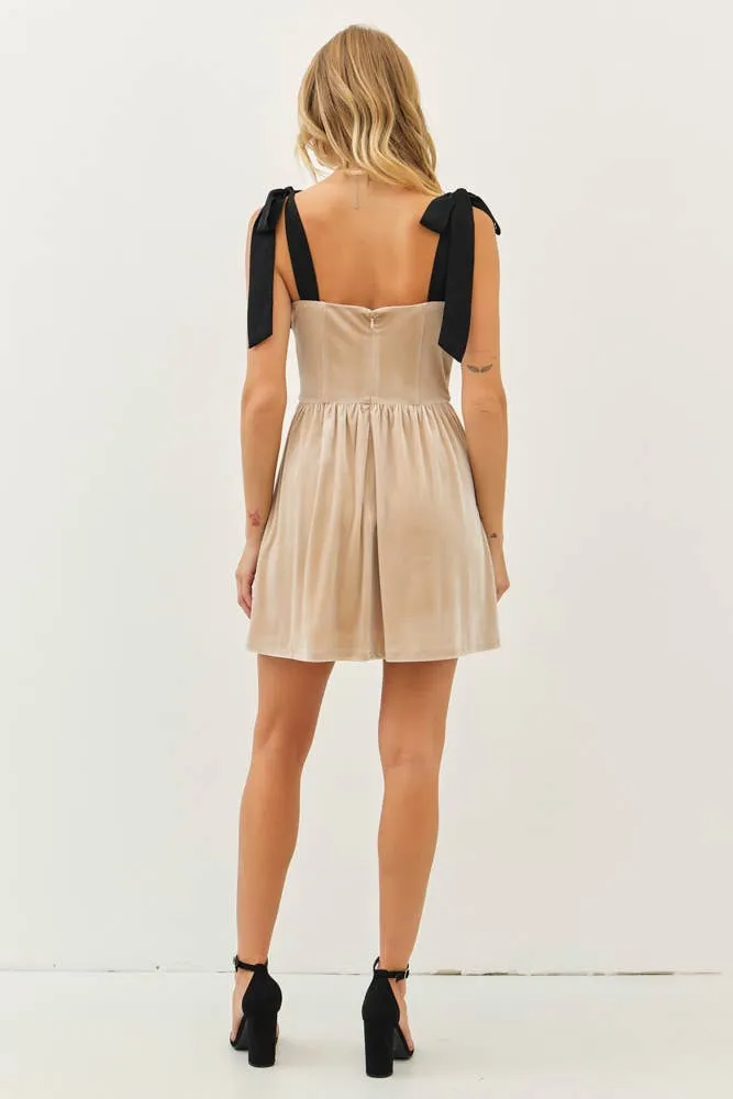 Champagne Velvet Mini Dress W/ Ribbon Strap