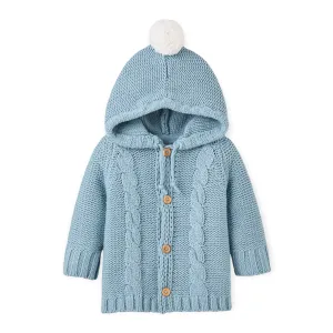 Elegant Baby Chunky Cable Knit Hooded Pom Pom Cardigan ~ Blue