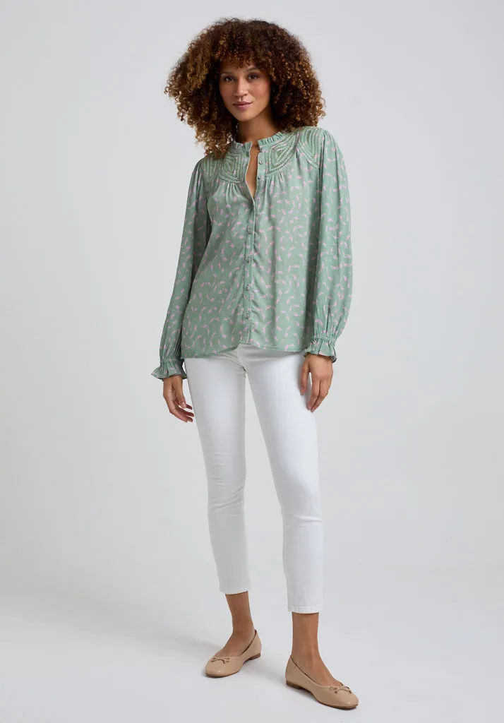 Fearne Cutwork Detail Dove Print Blouse In Green