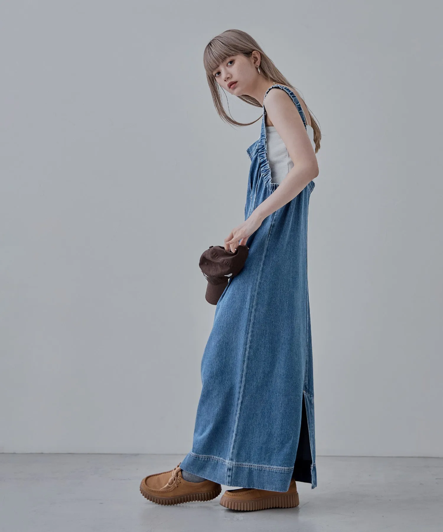 Gathered strap denim one-piece
