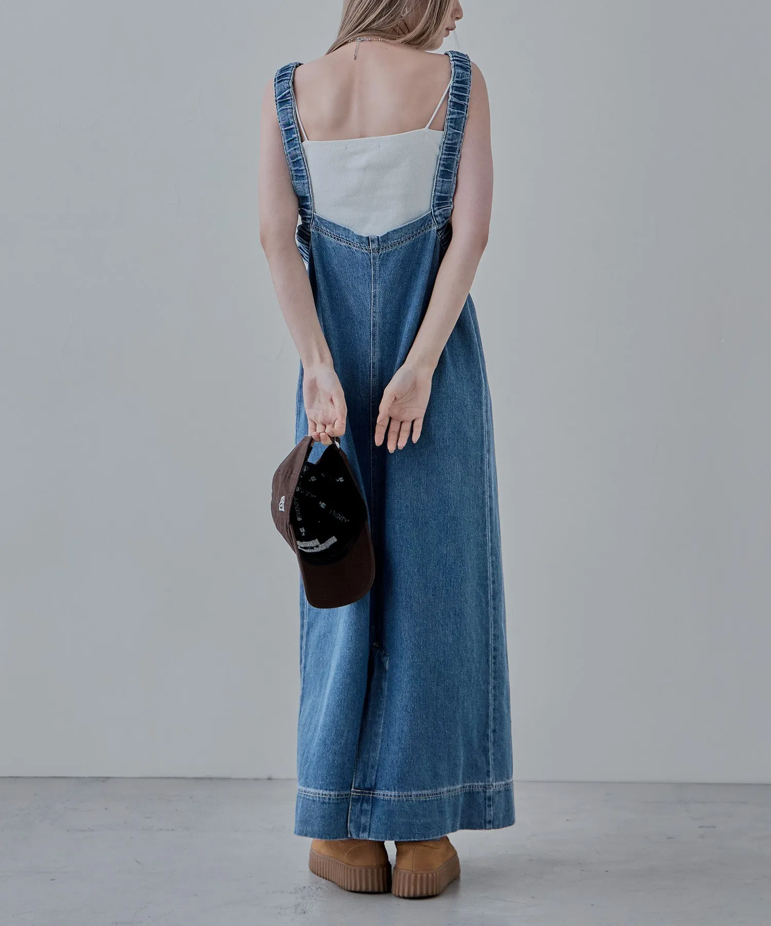 Gathered strap denim one-piece
