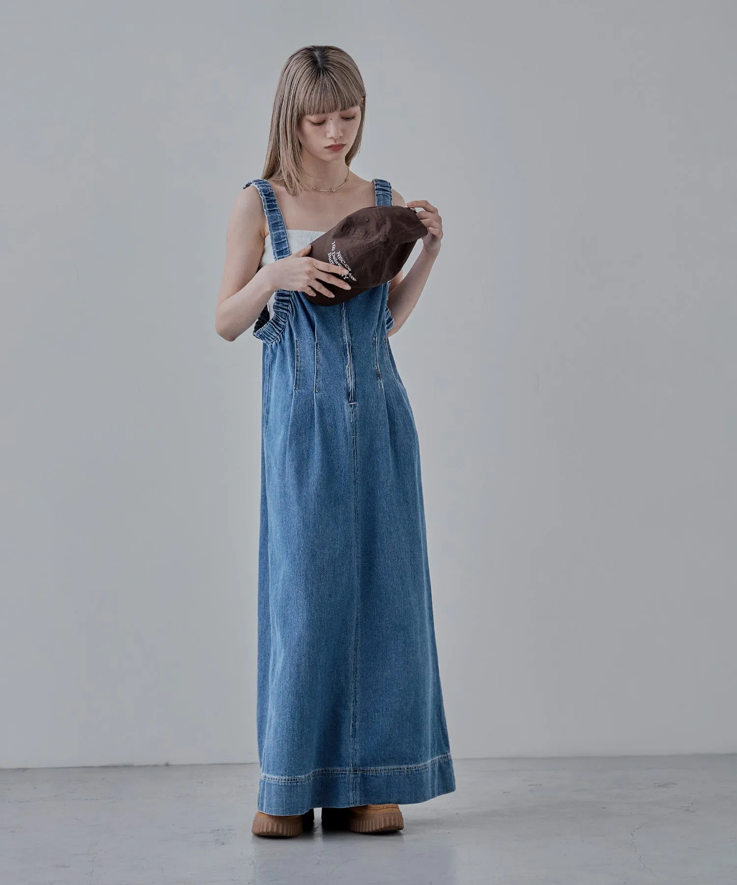 Gathered strap denim one-piece