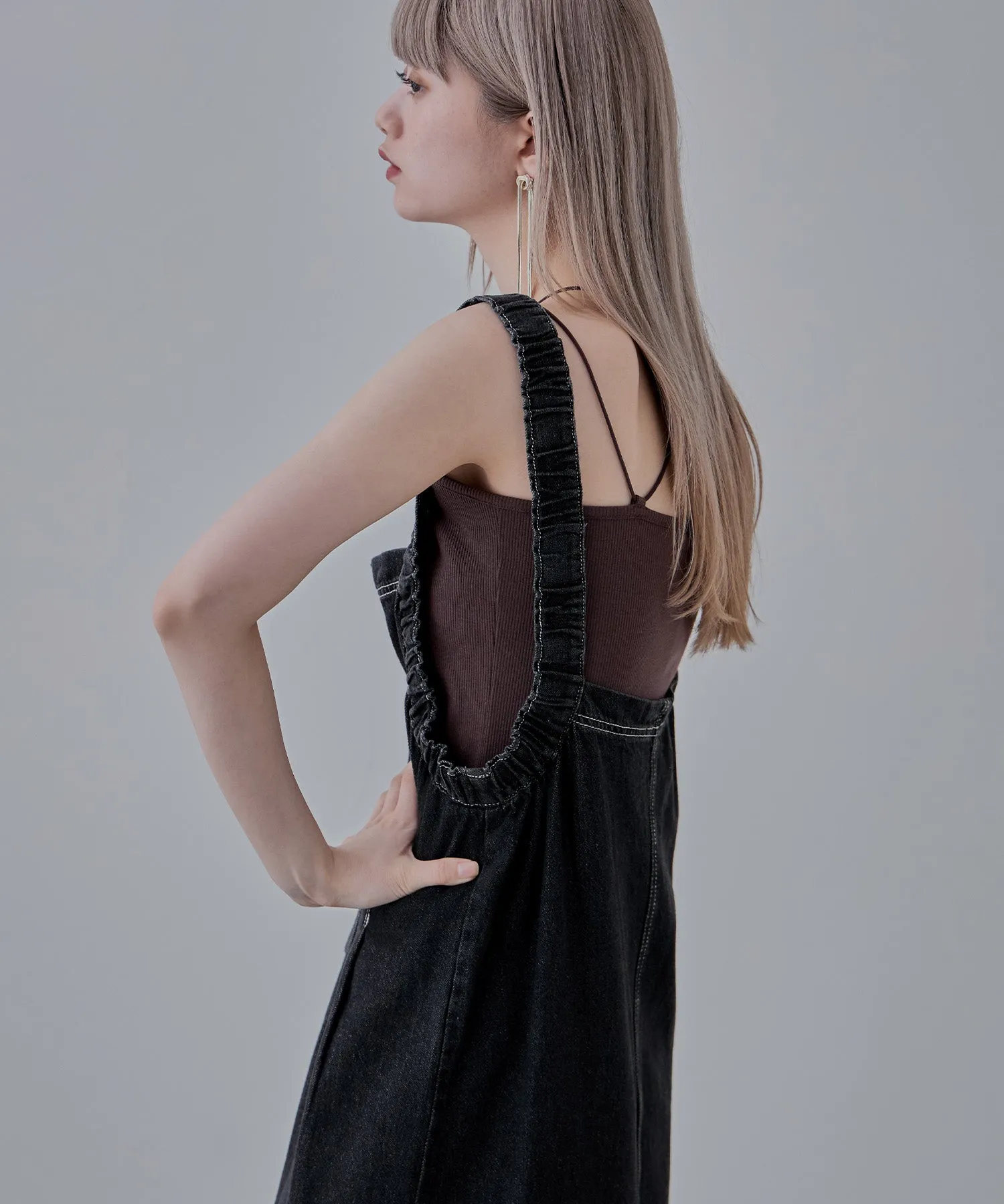 Gathered strap denim one-piece