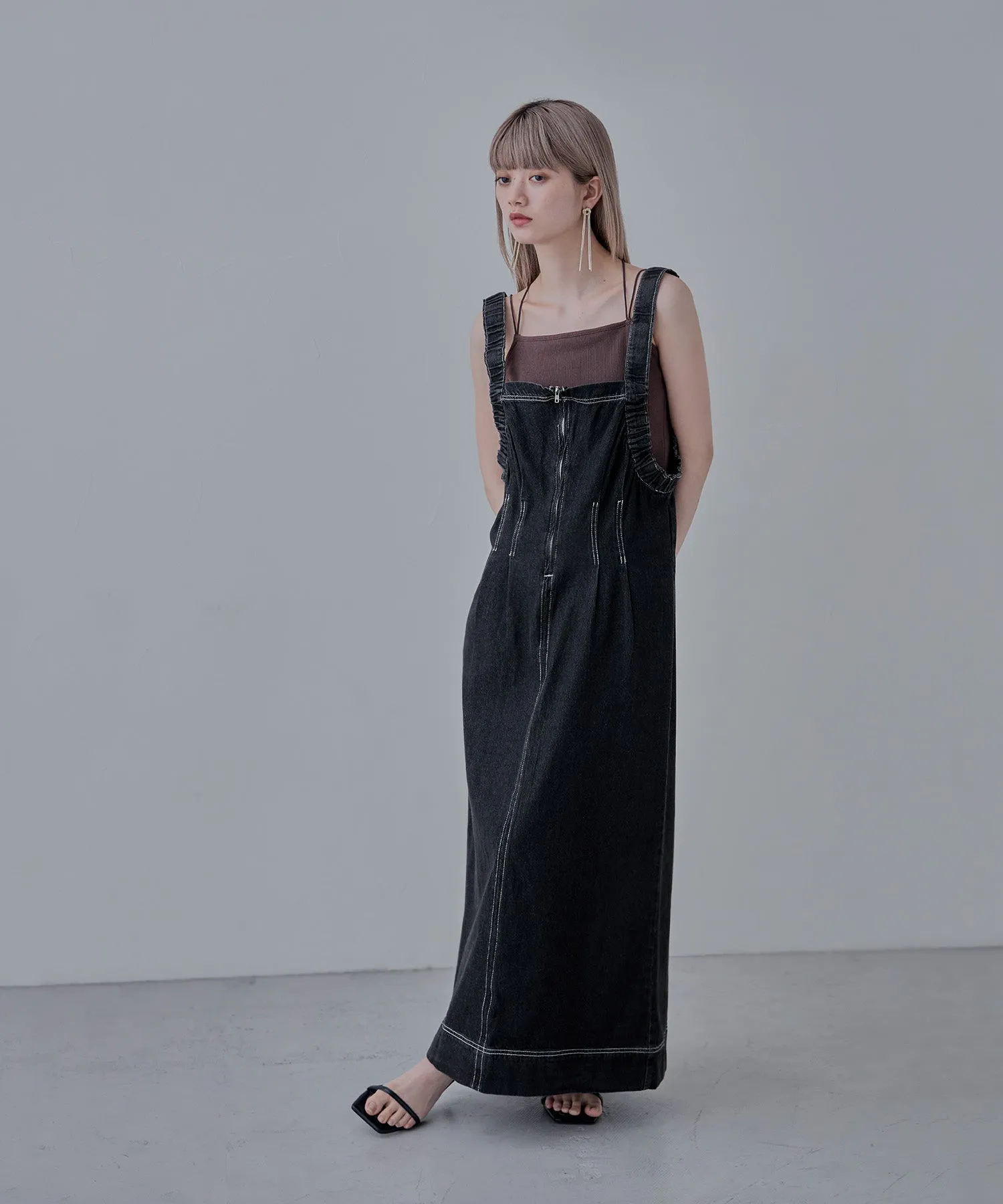 Gathered strap denim one-piece