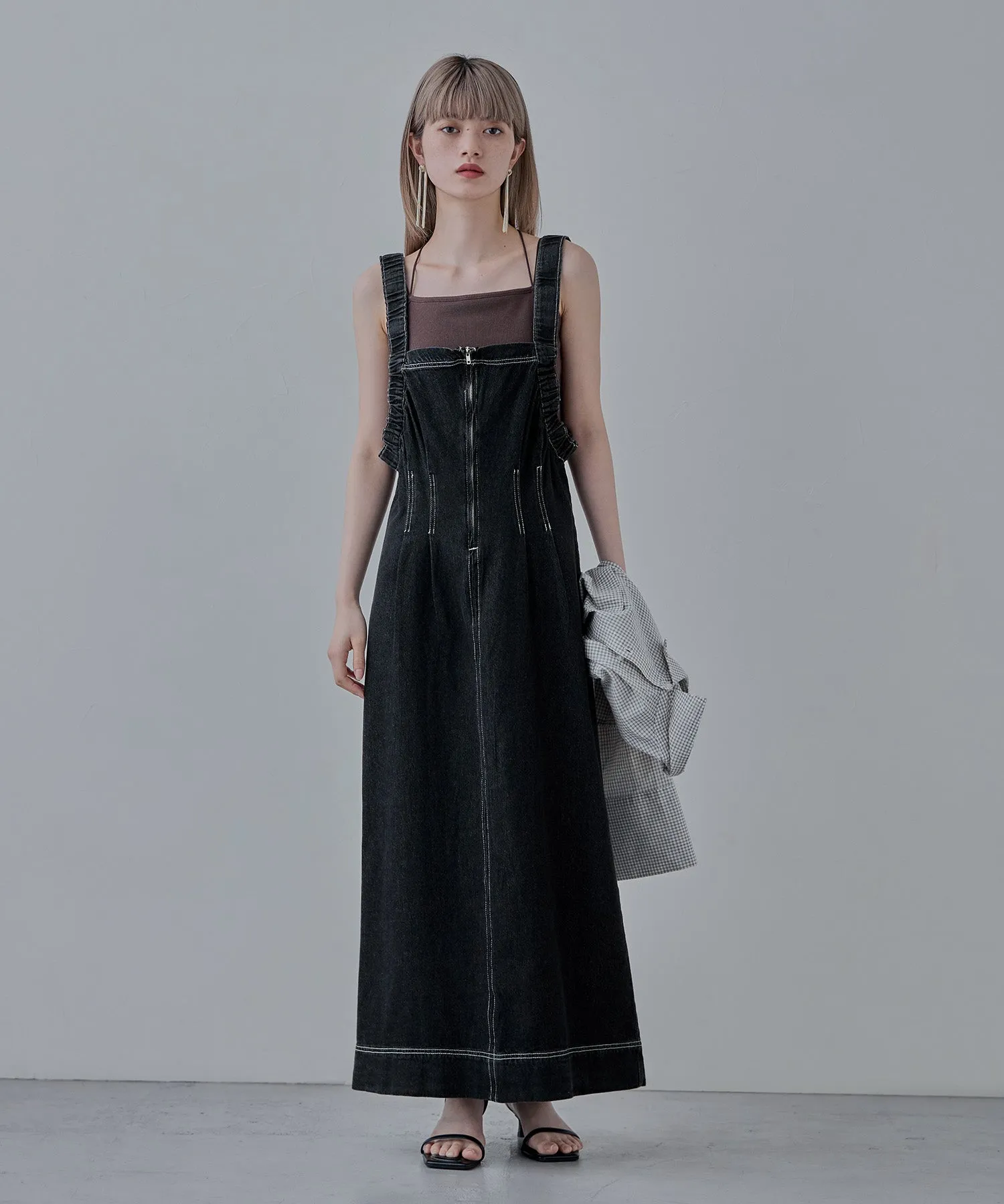 Gathered strap denim one-piece