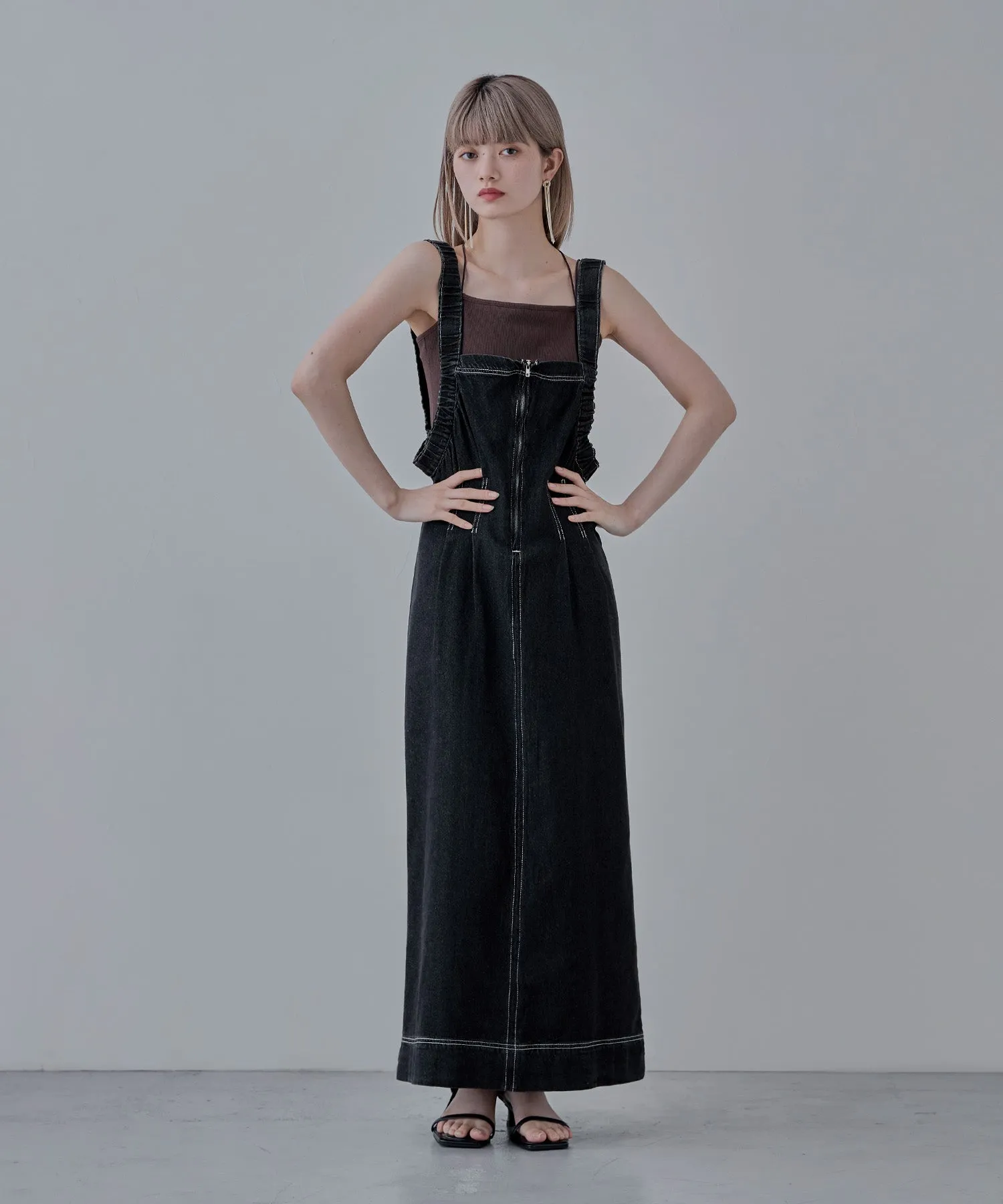 Gathered strap denim one-piece