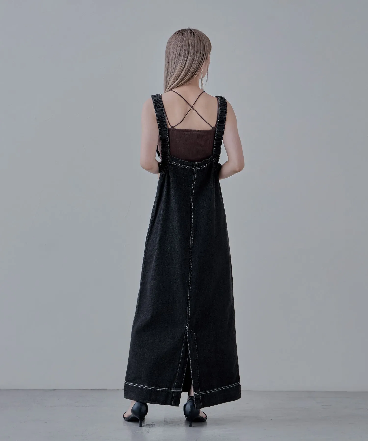 Gathered strap denim one-piece