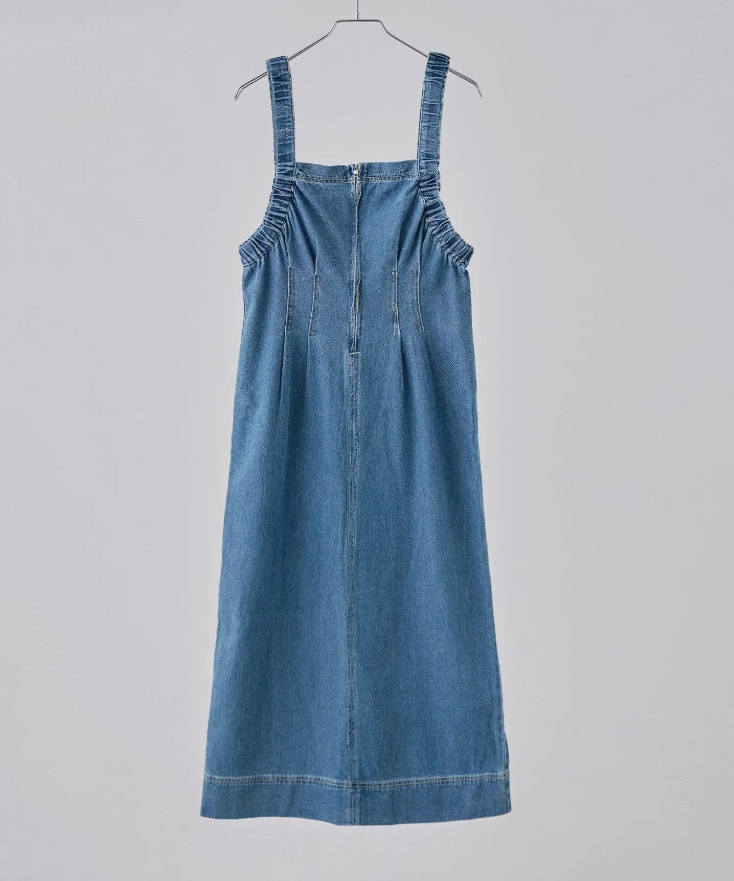 Gathered strap denim one-piece