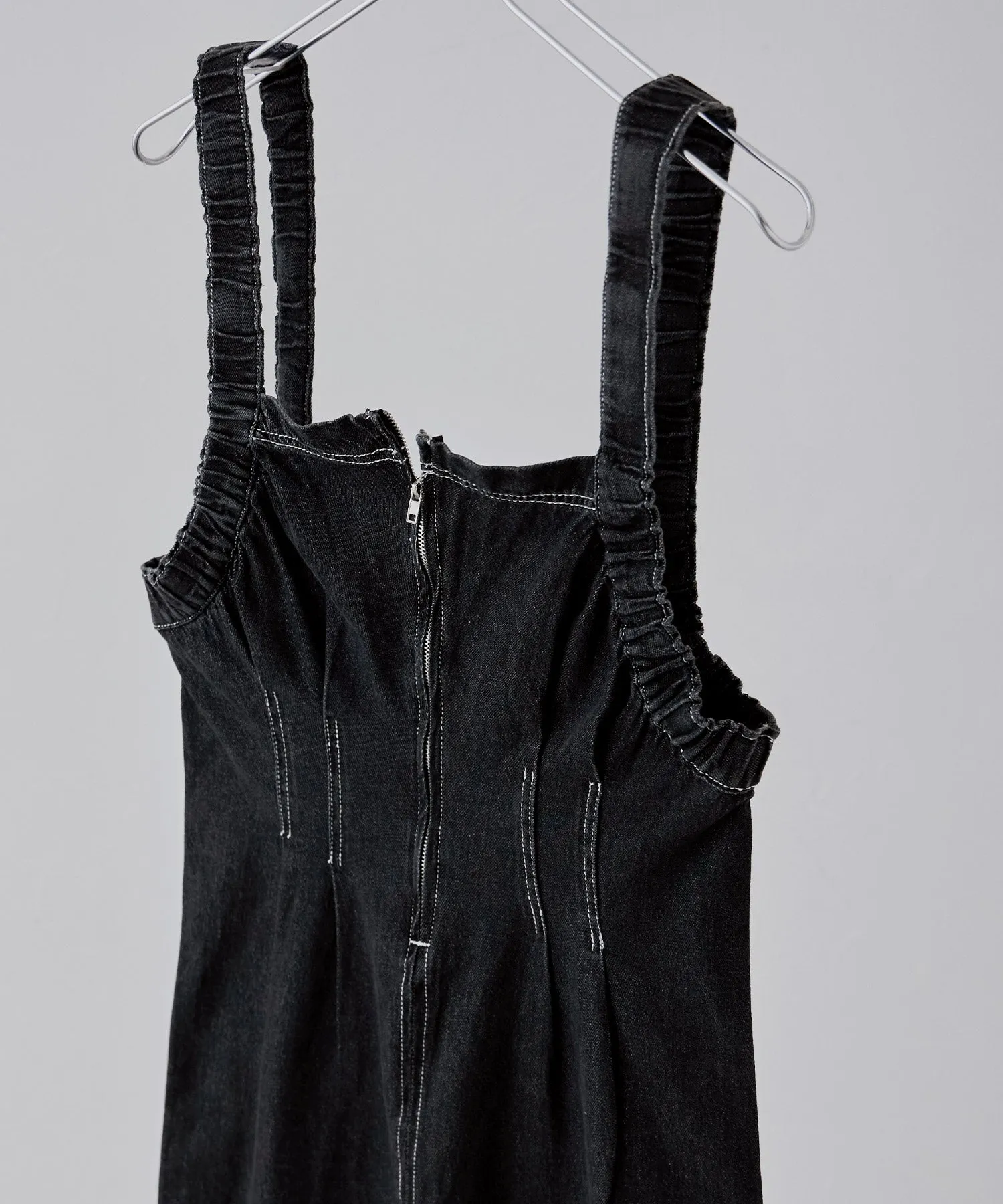 Gathered strap denim one-piece
