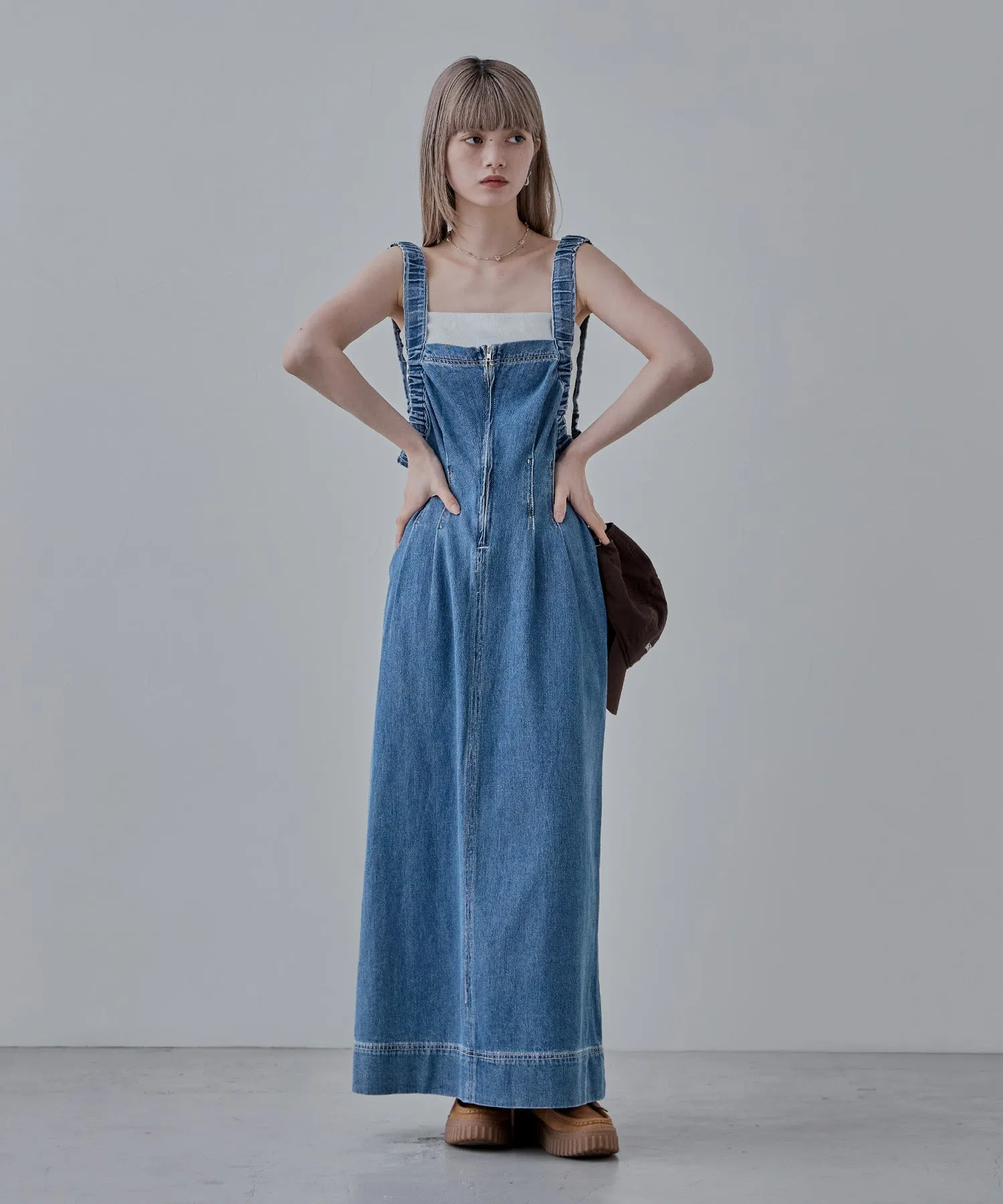 Gathered strap denim one-piece