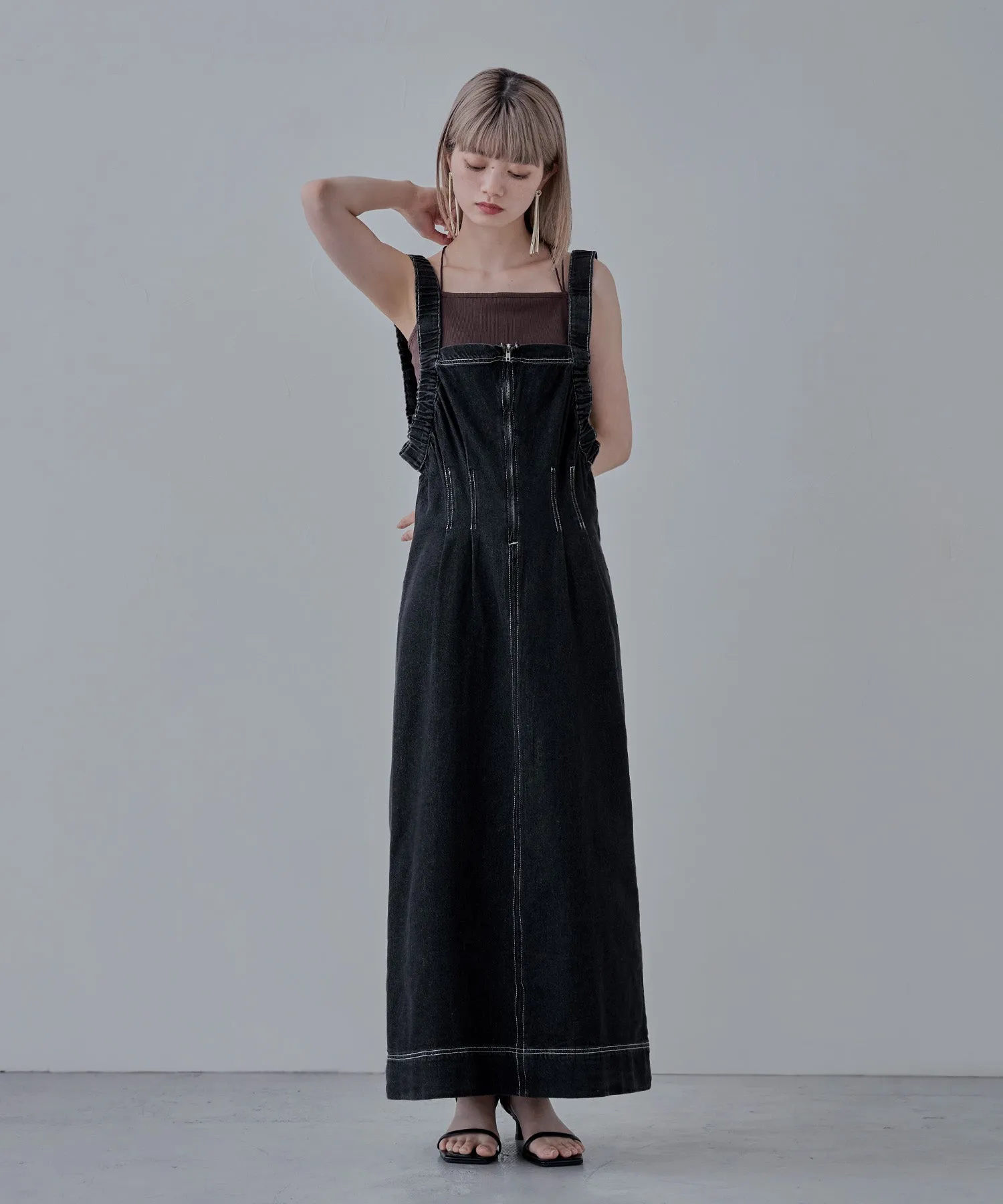 Gathered strap denim one-piece