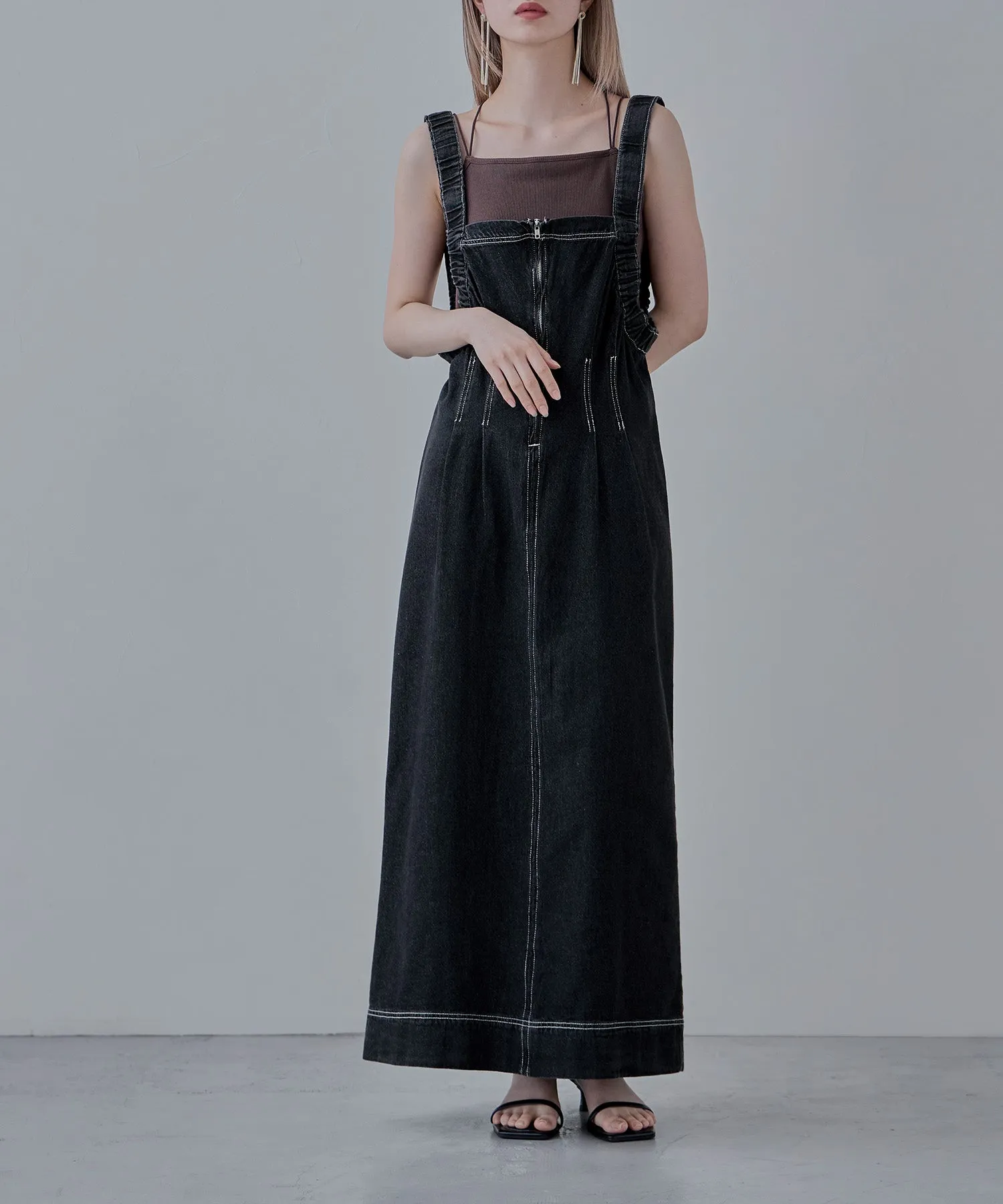 Gathered strap denim one-piece