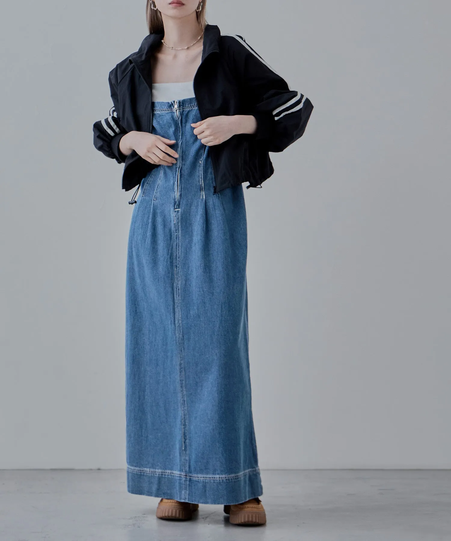Gathered strap denim one-piece