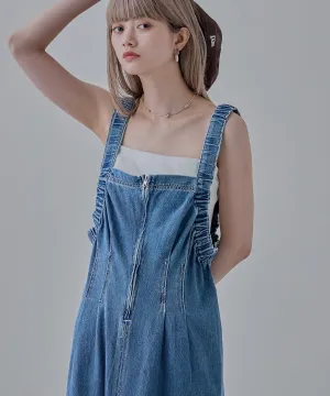 Gathered strap denim one-piece