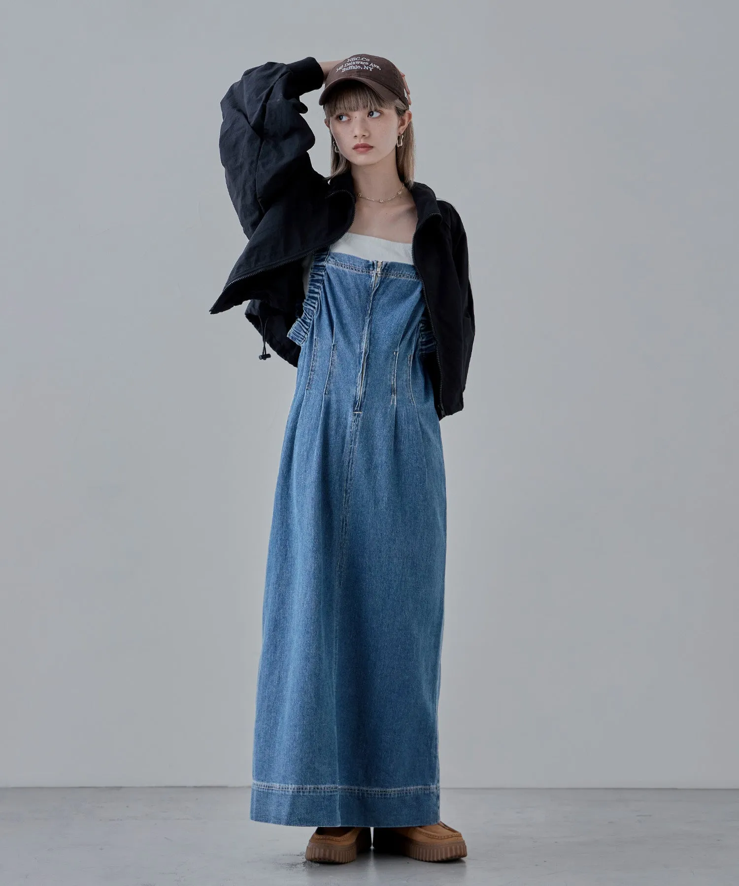 Gathered strap denim one-piece