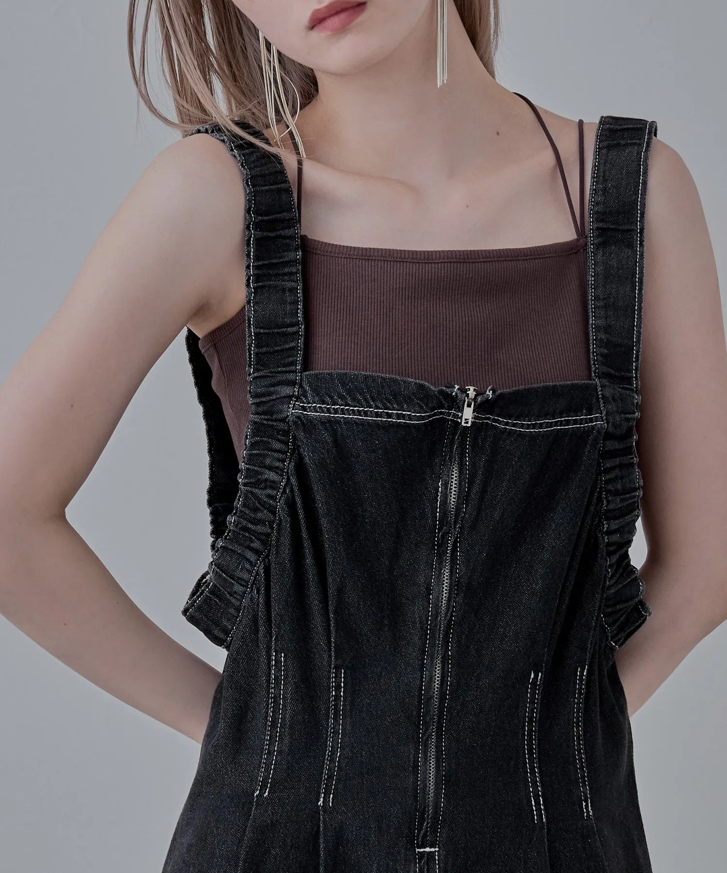 Gathered strap denim one-piece