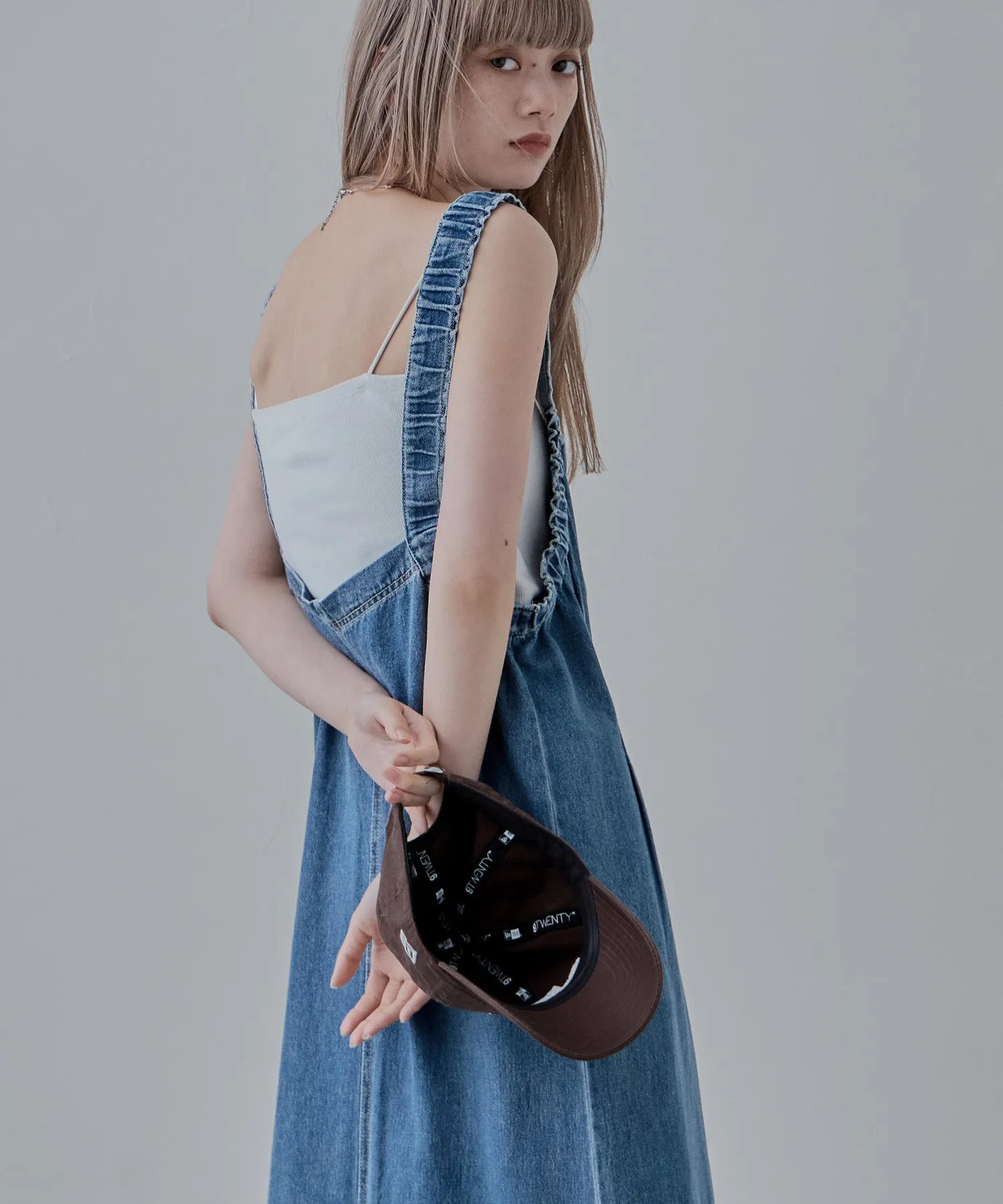 Gathered strap denim one-piece