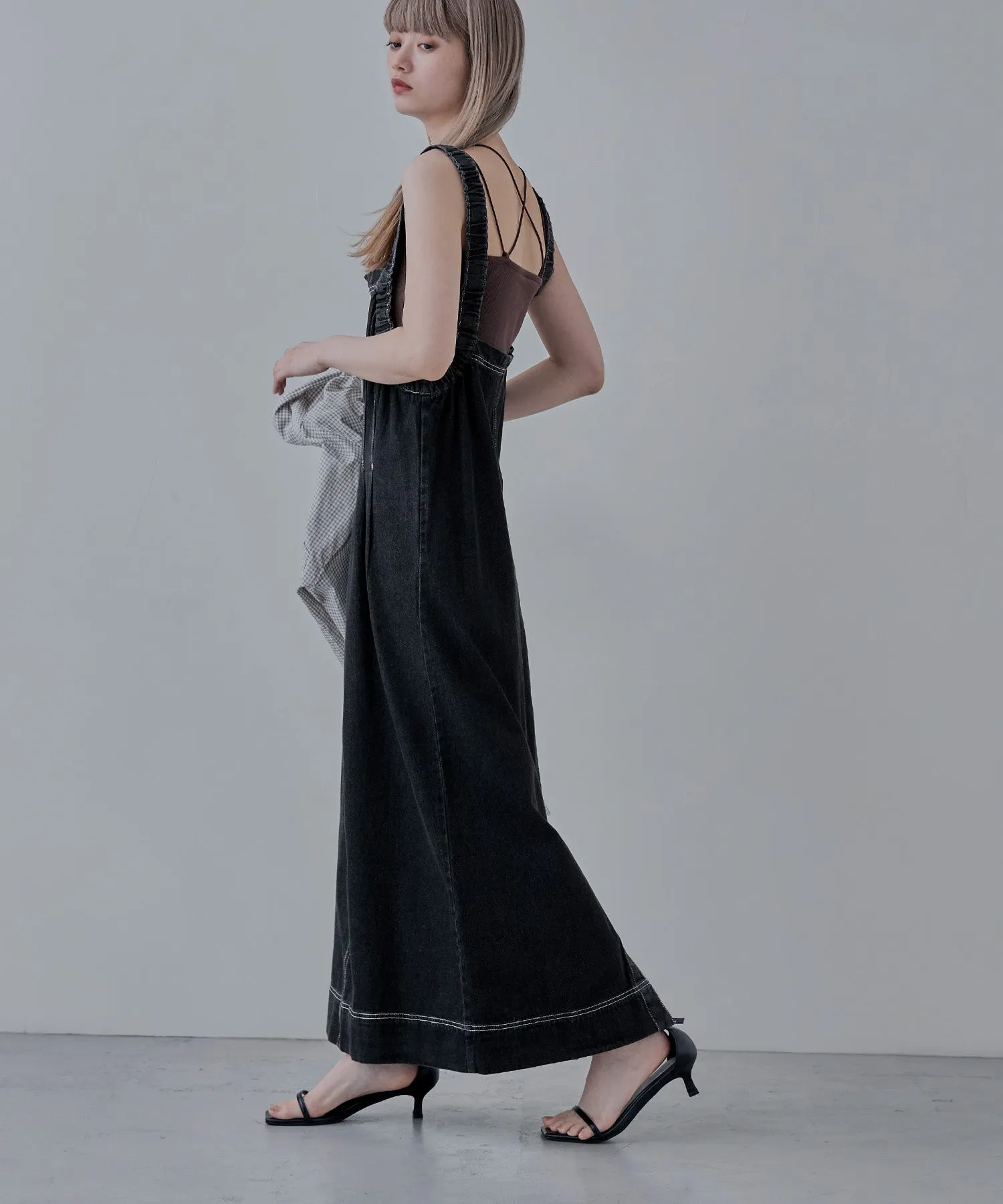 Gathered strap denim one-piece