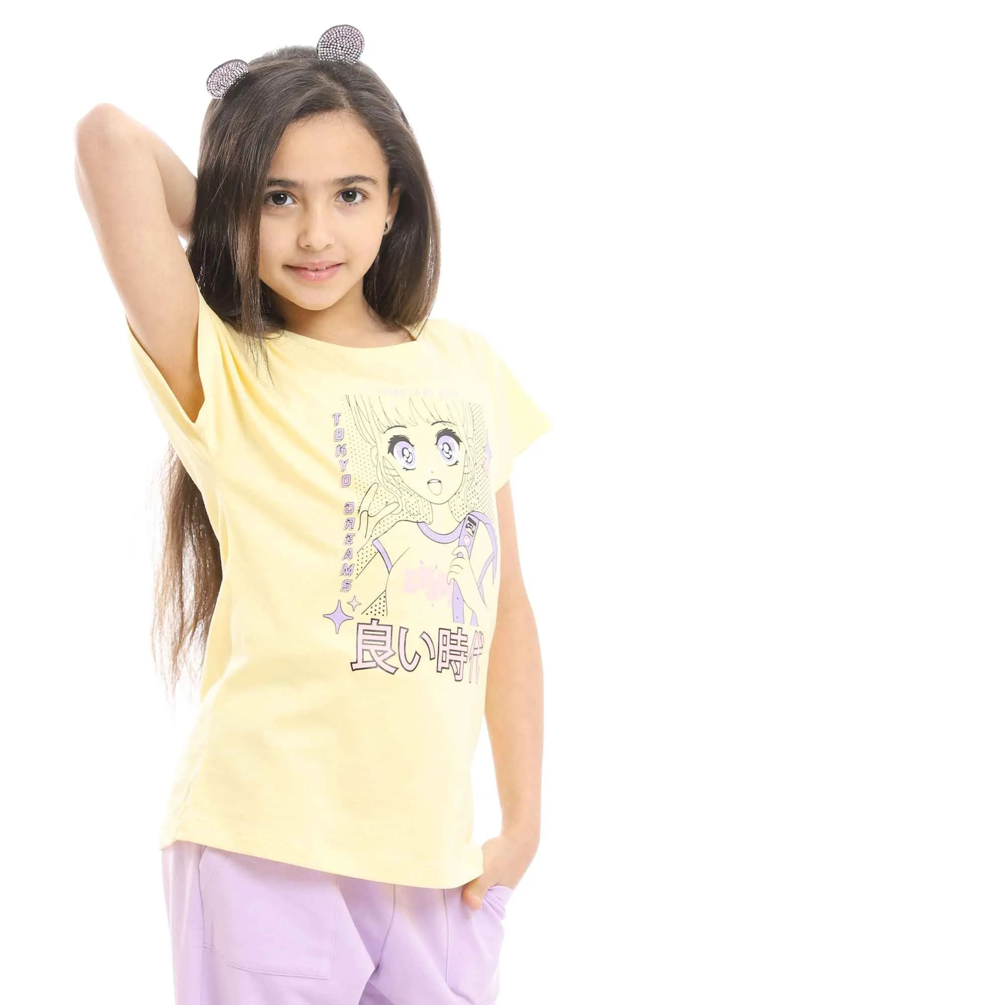 Girls Printed Doll Yellow Tee & Mauve Pants Pajama Set