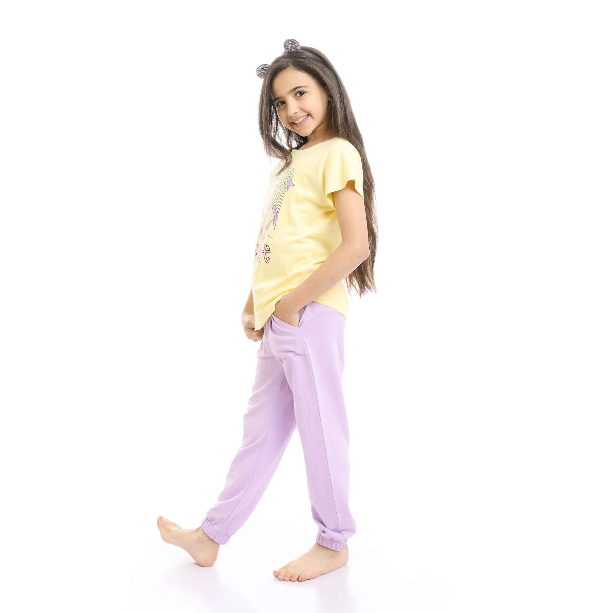 Girls Printed Doll Yellow Tee & Mauve Pants Pajama Set
