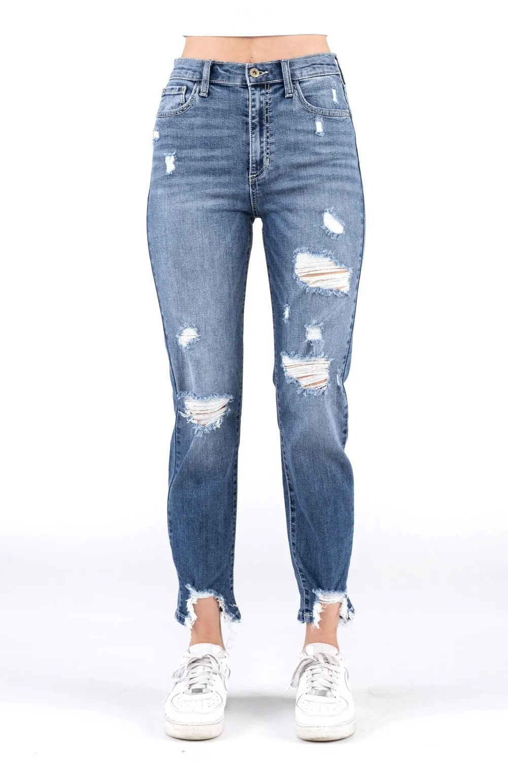 HIGH RISE SKINNY JEANS W/DESTRUCTION AND FRAY HEM