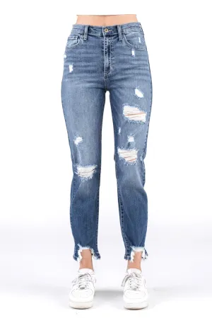 HIGH RISE SKINNY JEANS W/DESTRUCTION AND FRAY HEM