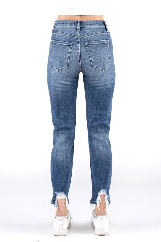 HIGH RISE SKINNY JEANS W/DESTRUCTION AND FRAY HEM