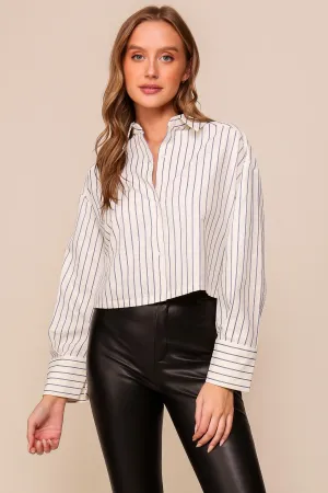 Ivory/Blue Striped Cropped Button Down Shirt