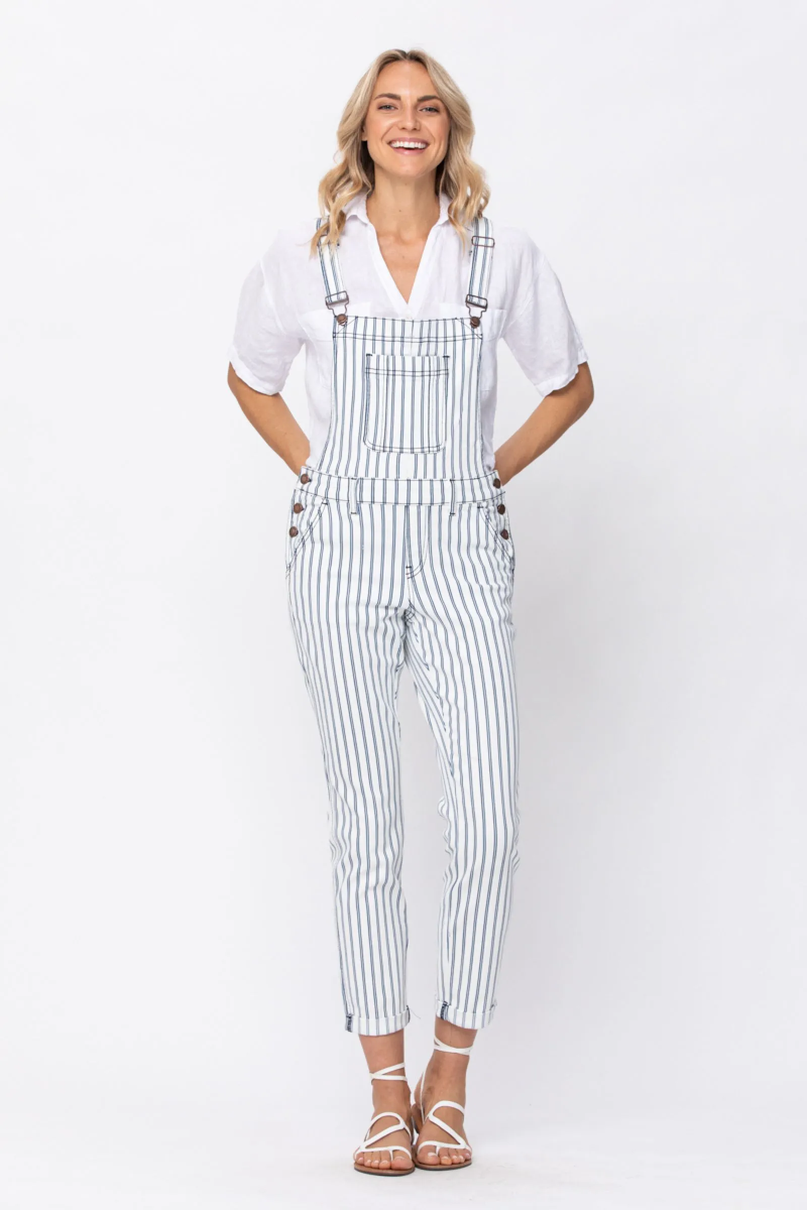 Judy Blue Mid Rise White Denim Striped Boyfriend Overall