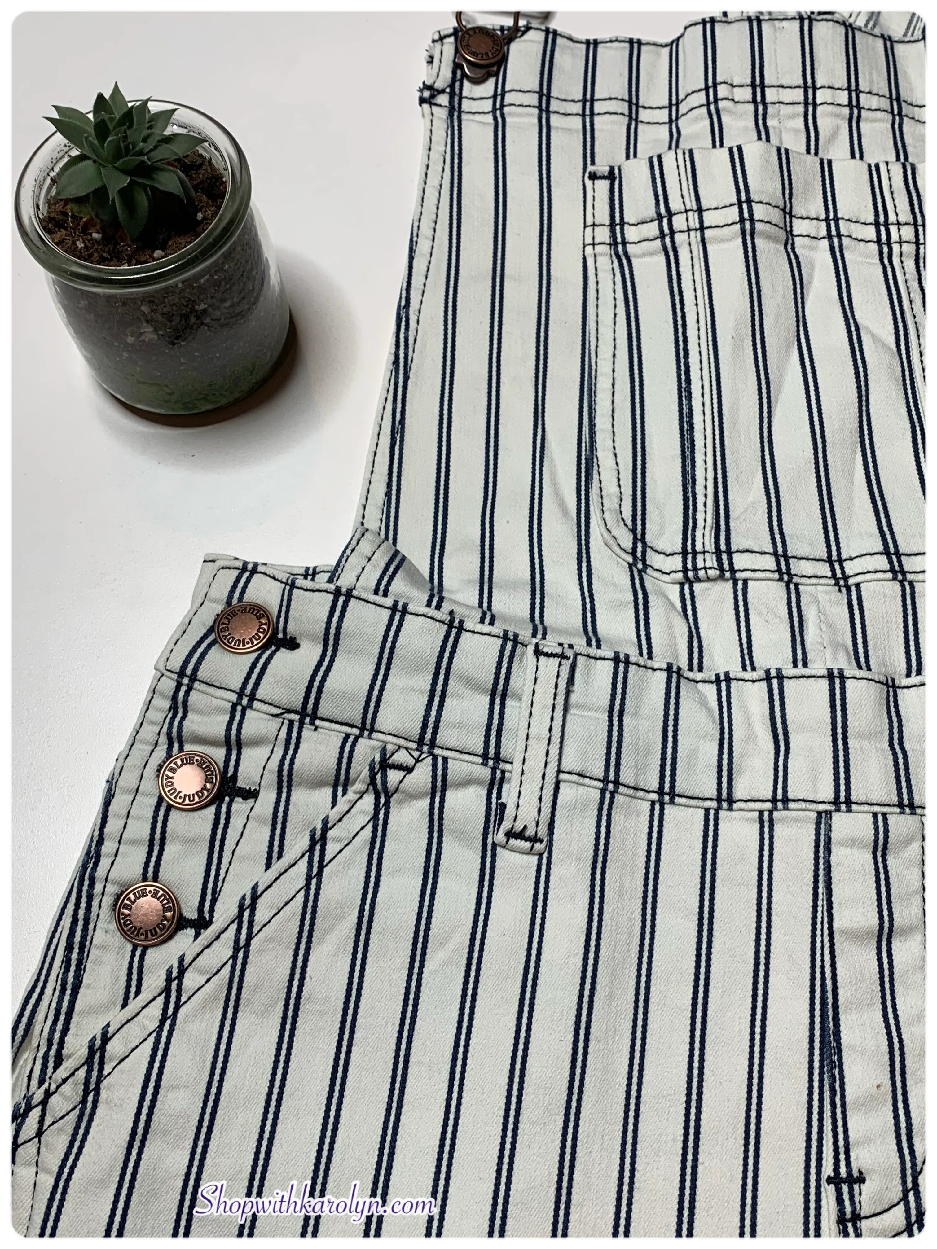 Judy Blue Mid Rise White Denim Striped Boyfriend Overall