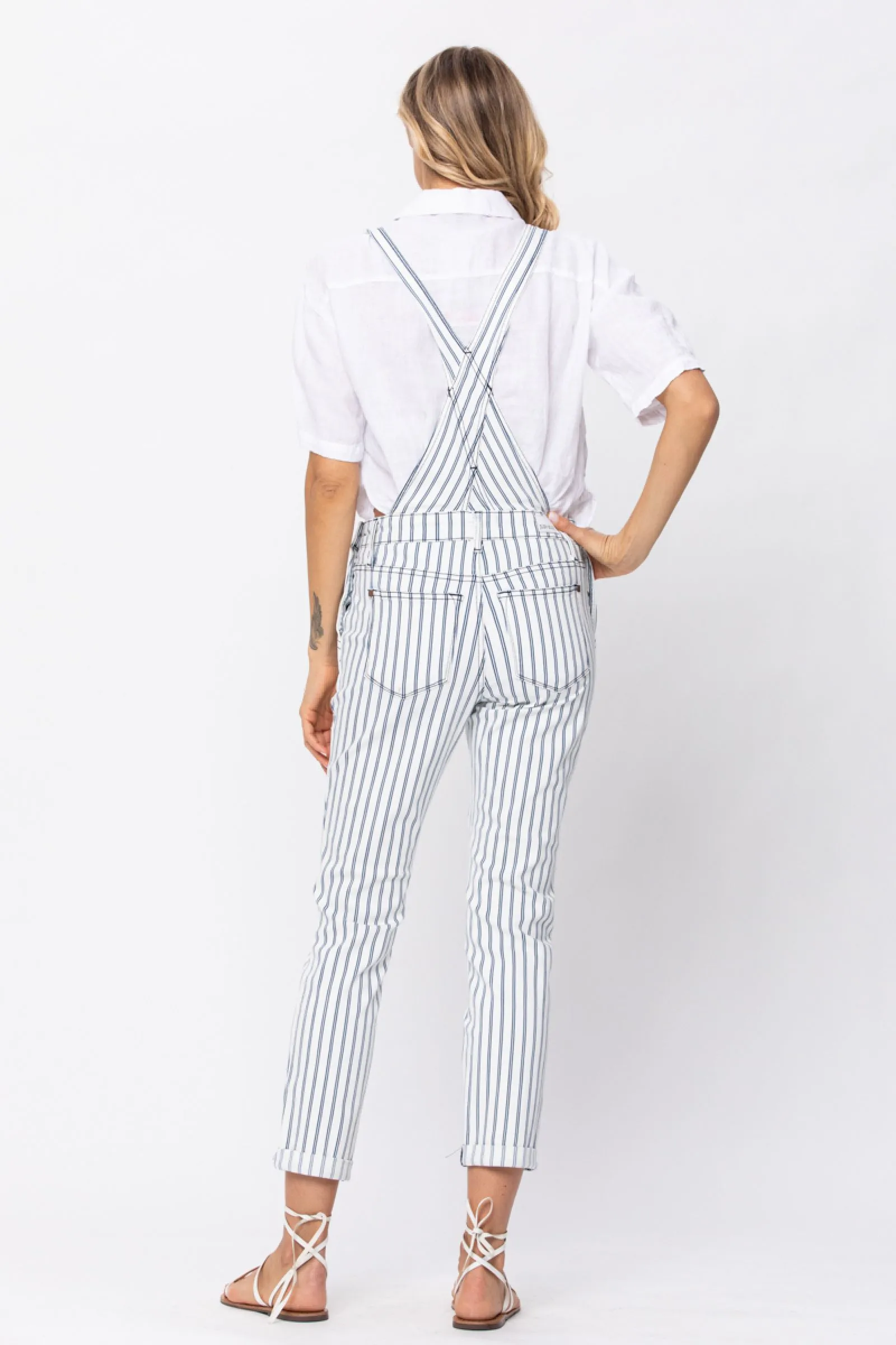 Judy Blue Mid Rise White Denim Striped Boyfriend Overall