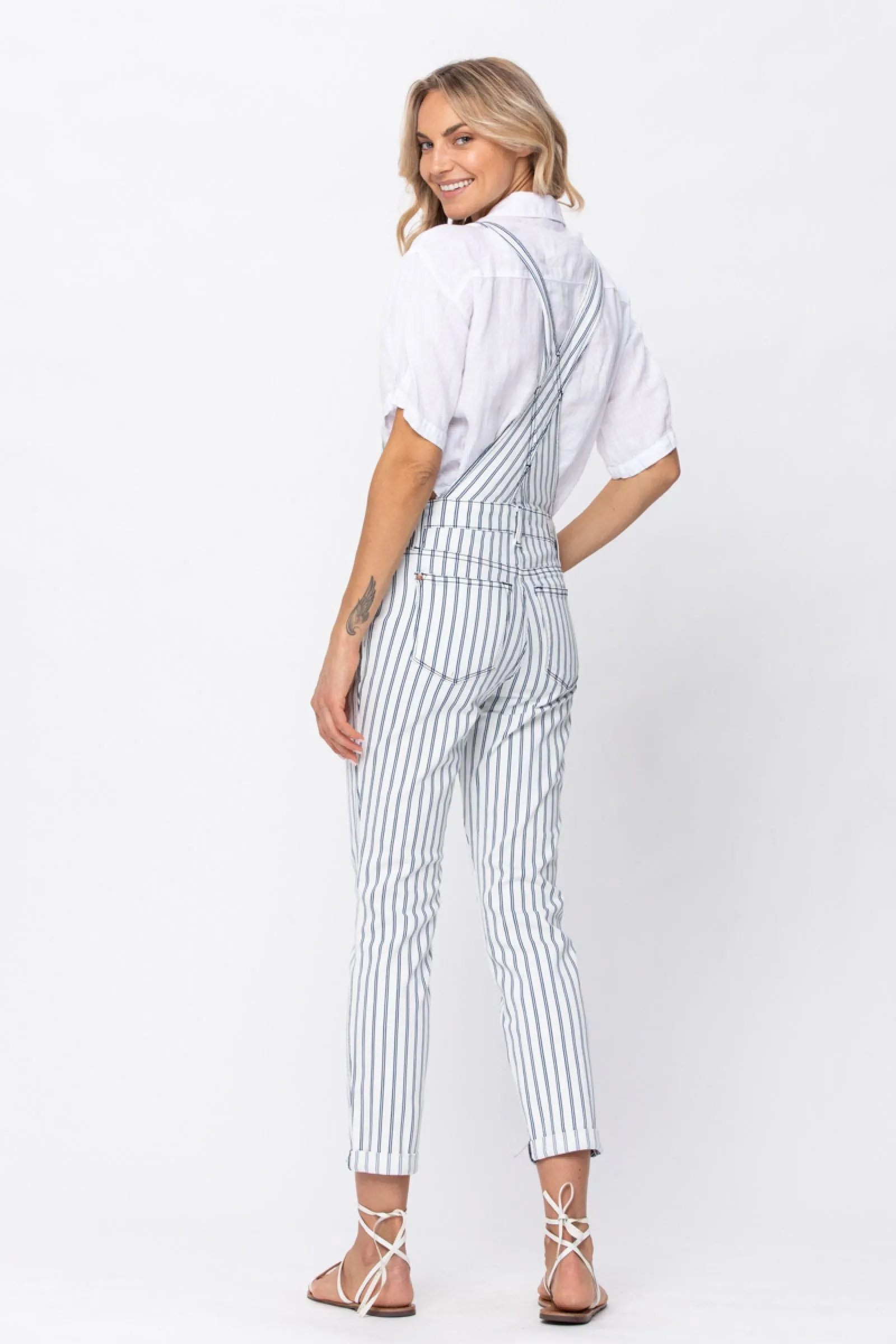 Judy Blue Mid Rise White Denim Striped Boyfriend Overall