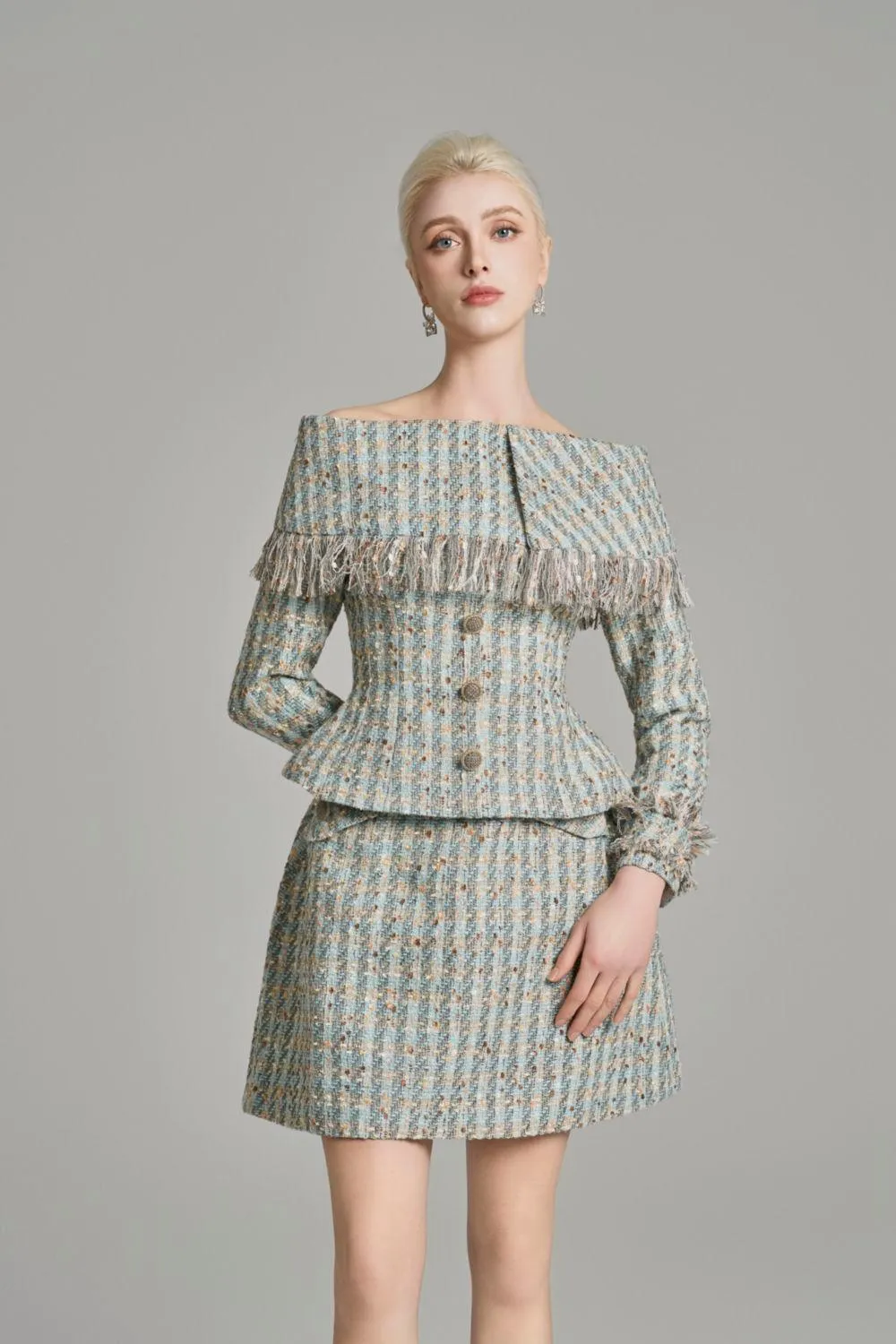 Kassidy Peplum Off-Shoulder Tweed Top