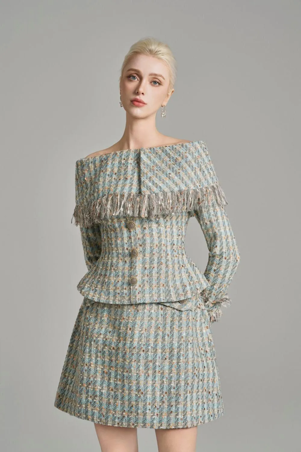 Kassidy Peplum Off-Shoulder Tweed Top