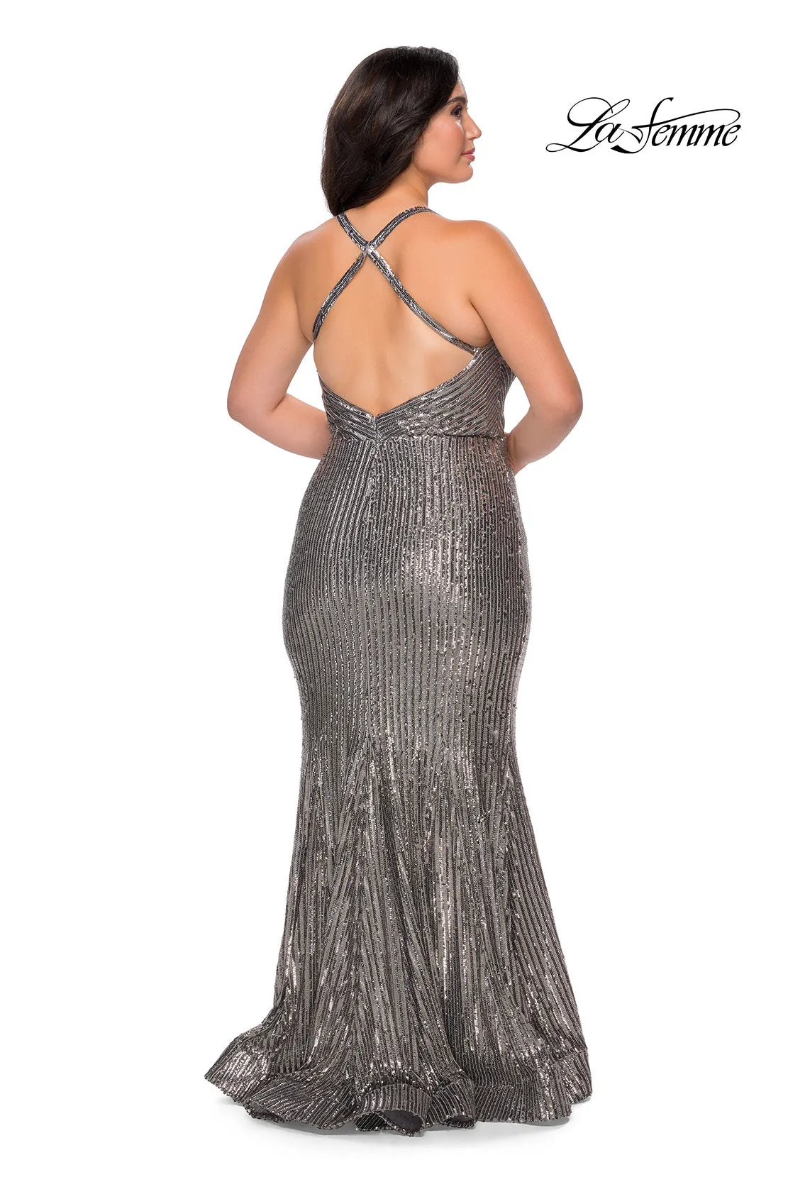 La Femme 29051 Plus Size Sequin Fit And Flare With Criss-Cross Back Detail