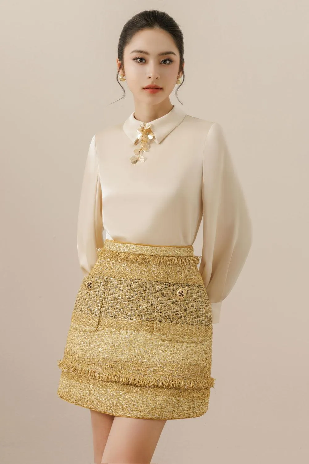 Lavinia Straight Collared Neck Polyester Silk Top