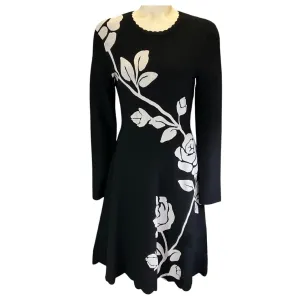Lela Rose Black / White Floral Intarsia Long Sleeved Fit and Flare Dress