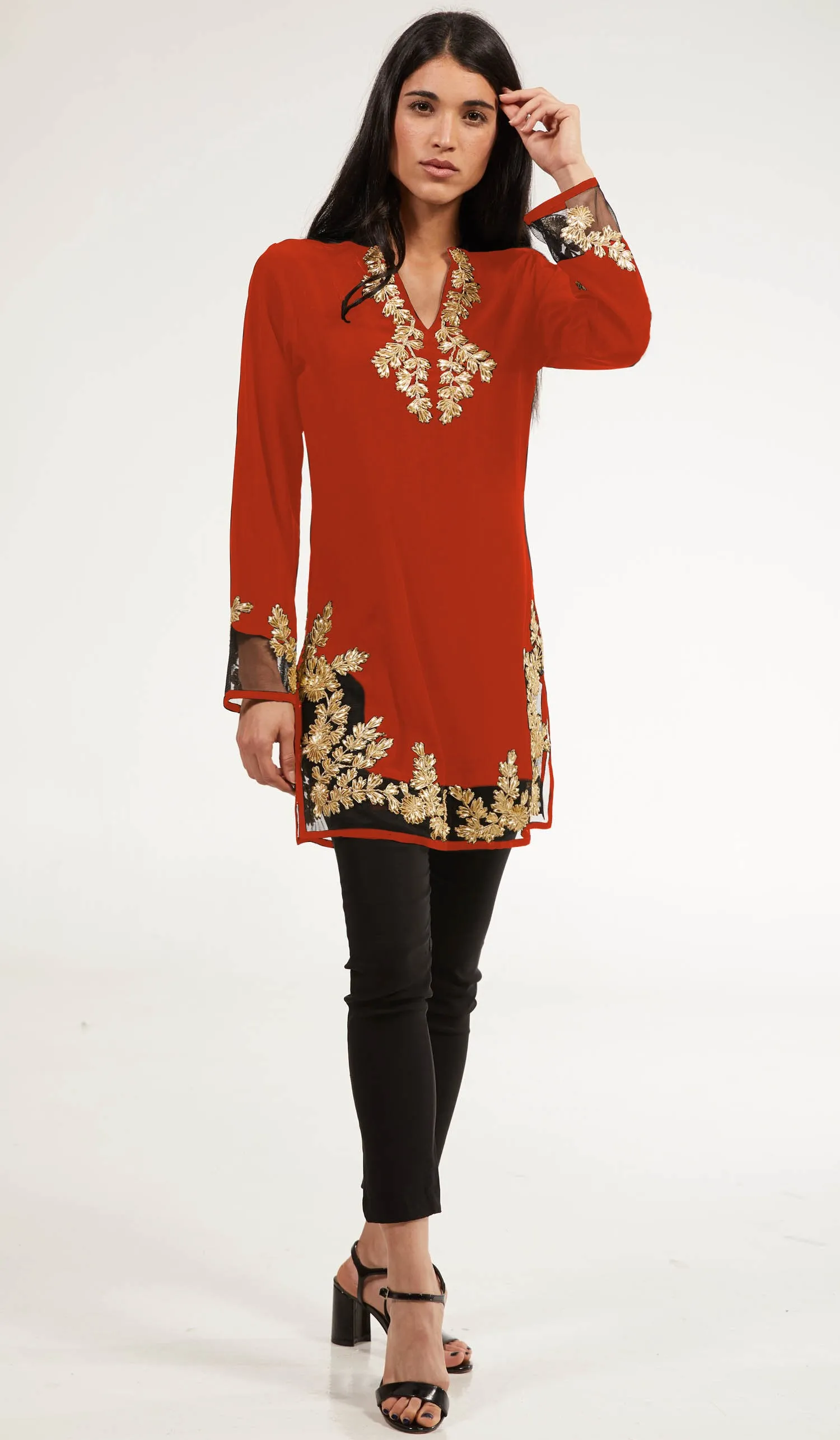 Mahnaz Gold Embellished Long Modest Tunic - Coral