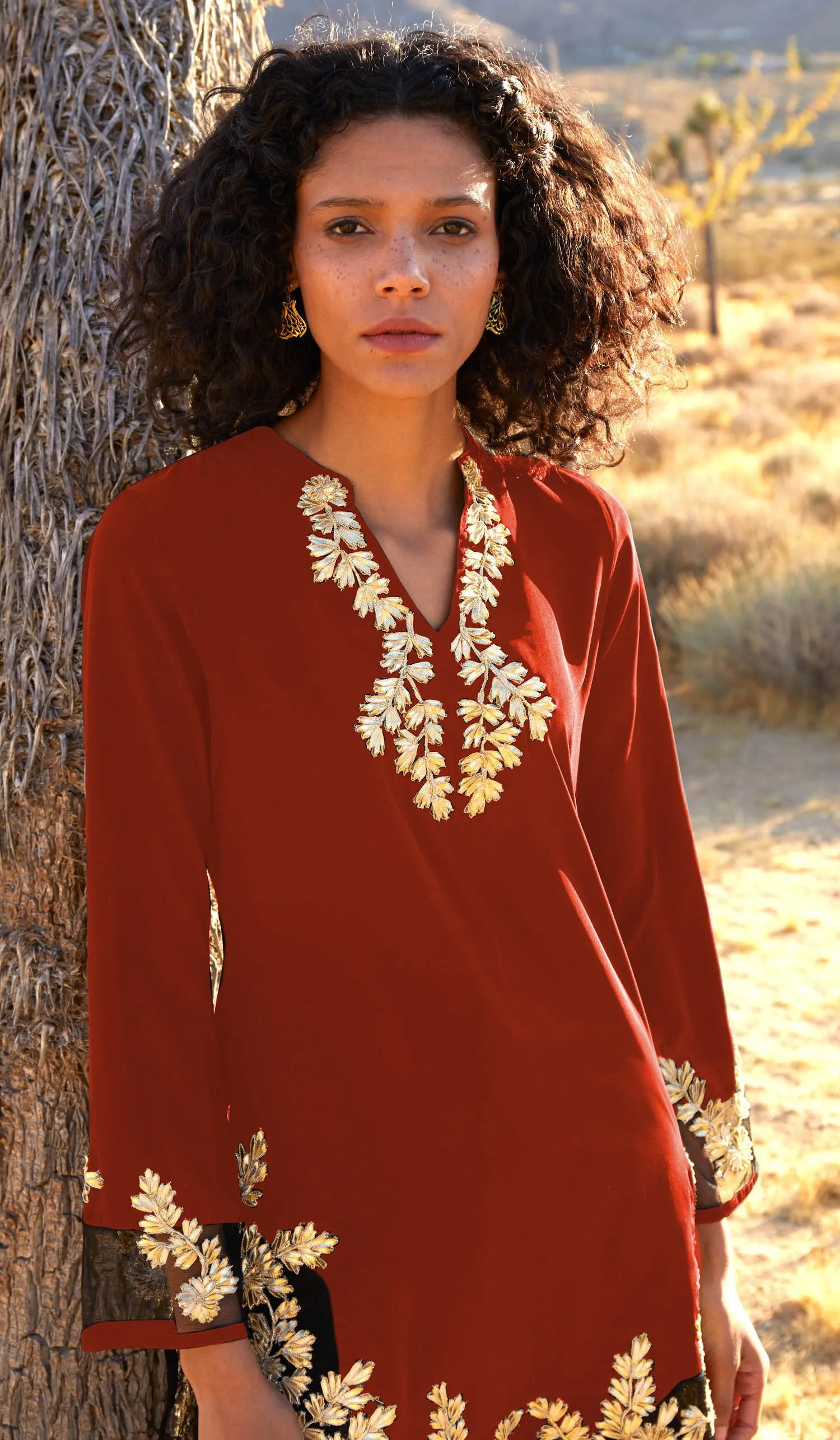 Mahnaz Gold Embellished Long Modest Tunic - Coral