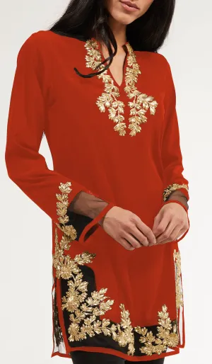 Mahnaz Gold Embellished Long Modest Tunic - Coral