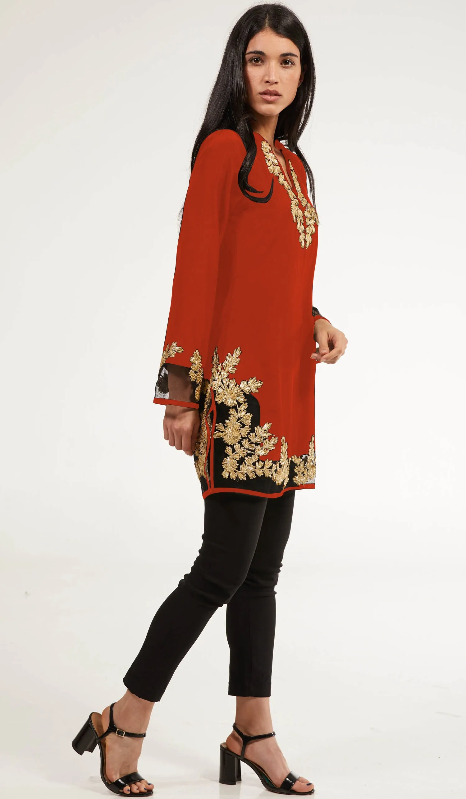 Mahnaz Gold Embellished Long Modest Tunic - Coral