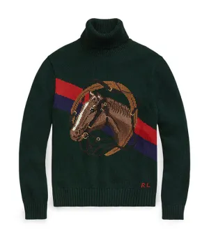 Men's Horsehead Cotton Turtleneck Sweater Hunt Club Green Combo