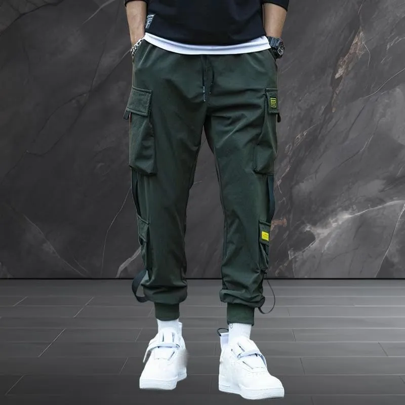 Men's Spring Autumn Cuffed Hem Casual Black Hip Hop Korean Loose Fit Harem INS Style Cargo Pants Long