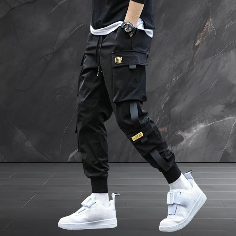 Men's Spring Autumn Cuffed Hem Casual Black Hip Hop Korean Loose Fit Harem INS Style Cargo Pants Long